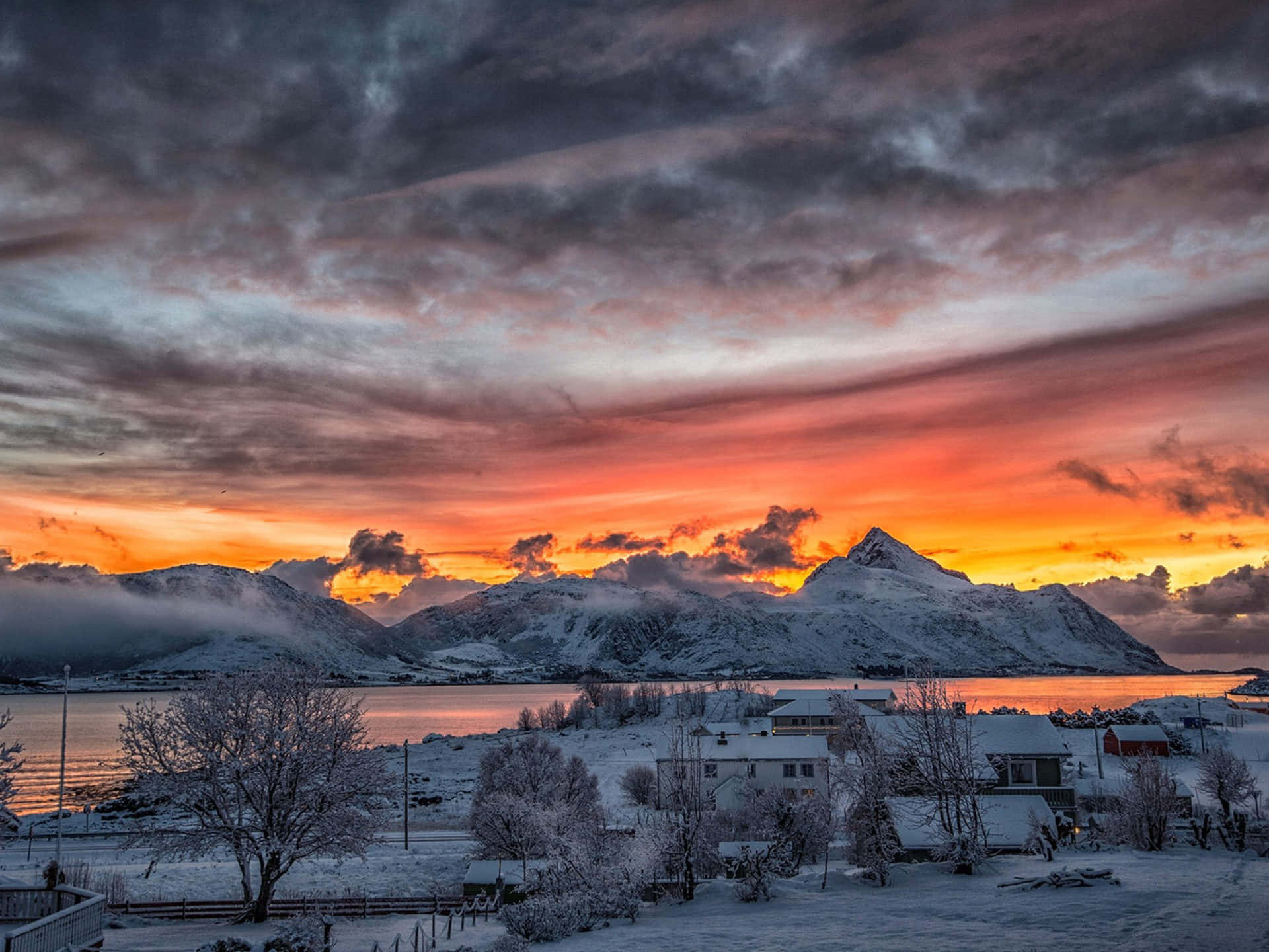 Mountain Lake, fjord, sunset, Full HD Desktop Wallpaper