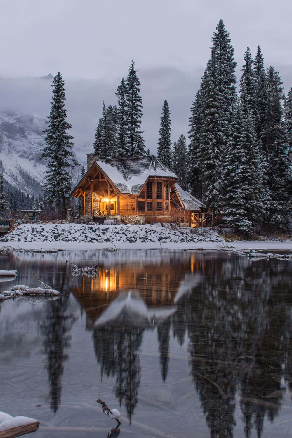 iPhone Theme, wooden cabin, snow-dusted pines, HD Phone Wallpaper
