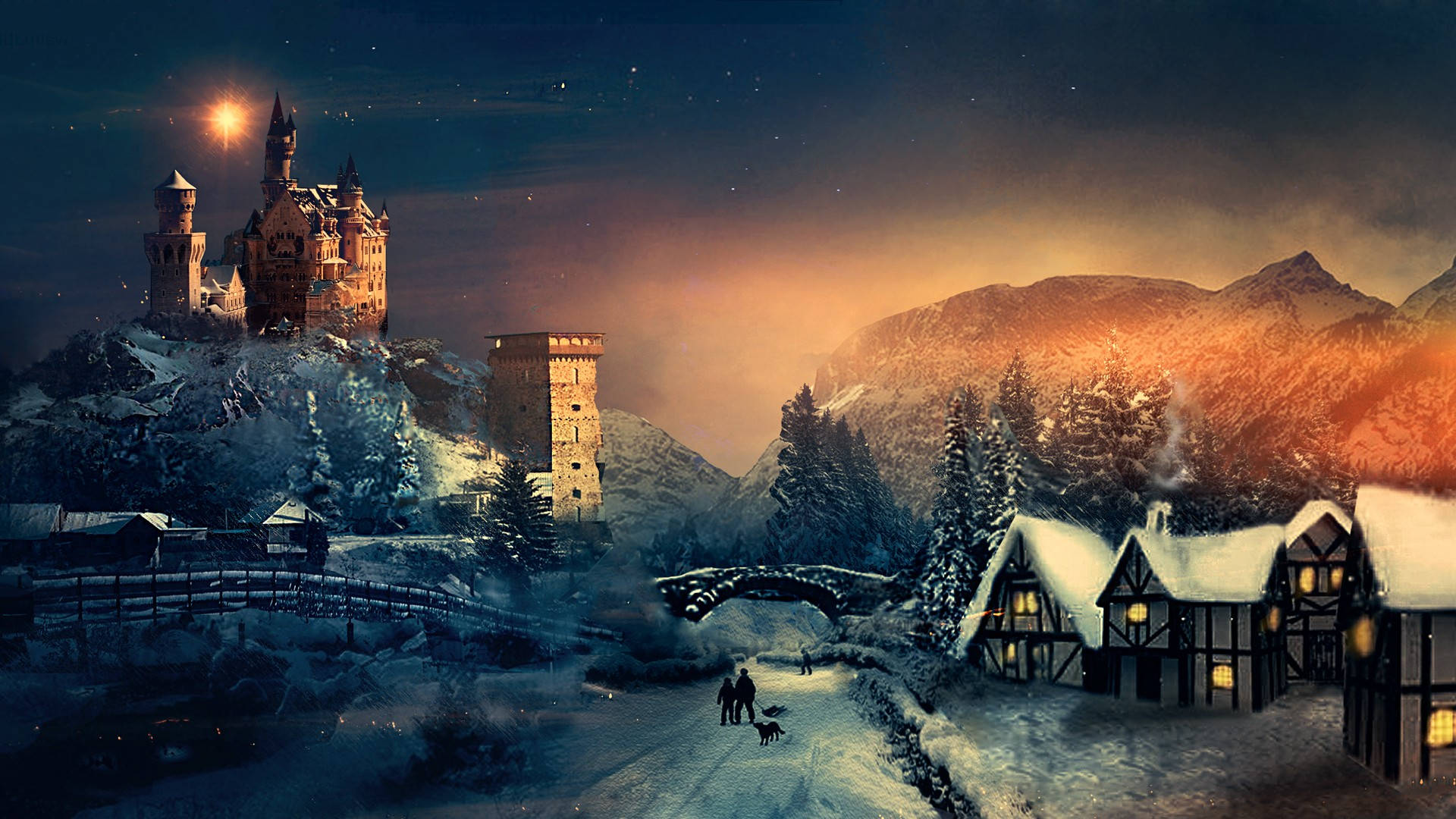 Winter Season, glowing castle, snowy mountain village, Full HD Desktop Wallpaper
