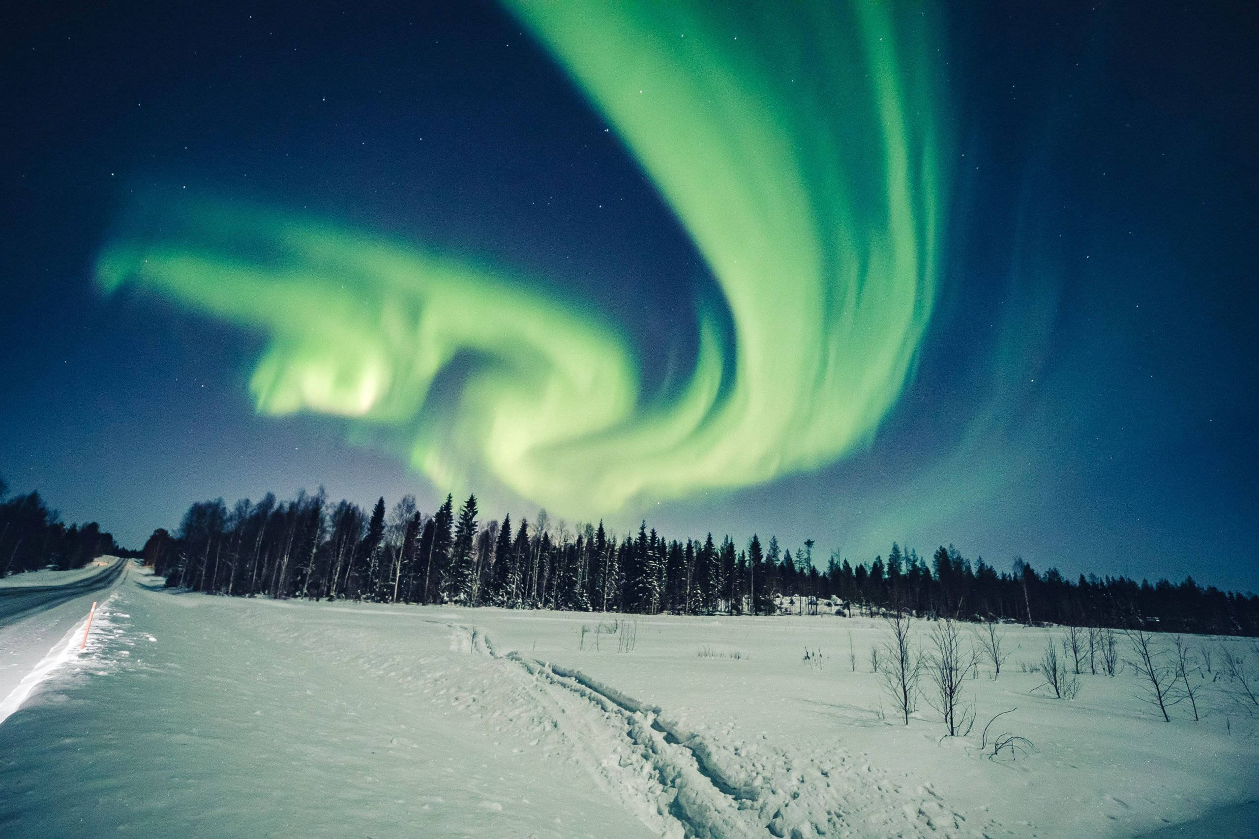Winter Season, aurora borealis, green aurora, 2K Desktop Wallpaper