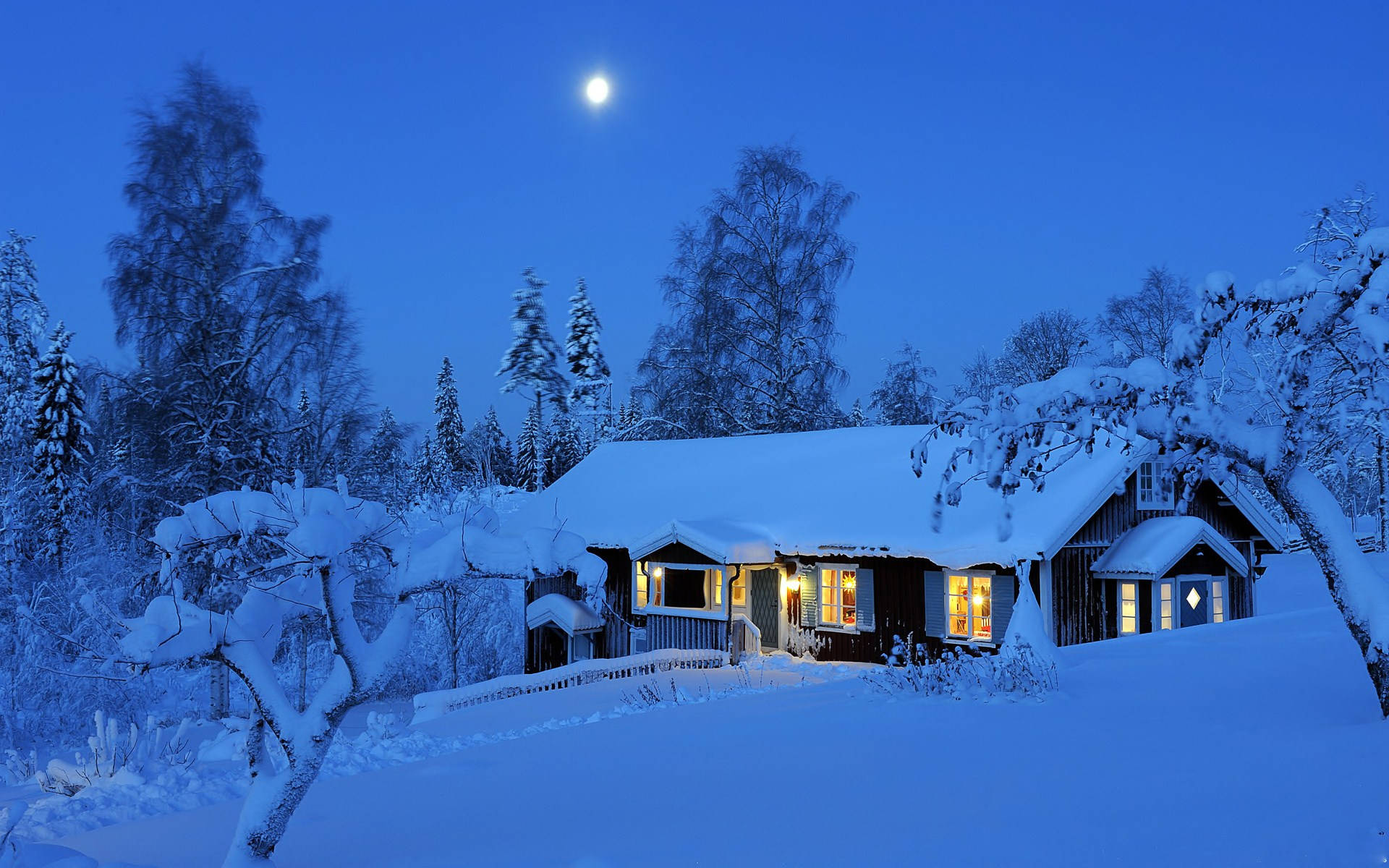 Winter Season, wooden cabin, snowy winter woods, Full HD Desktop Wallpaper