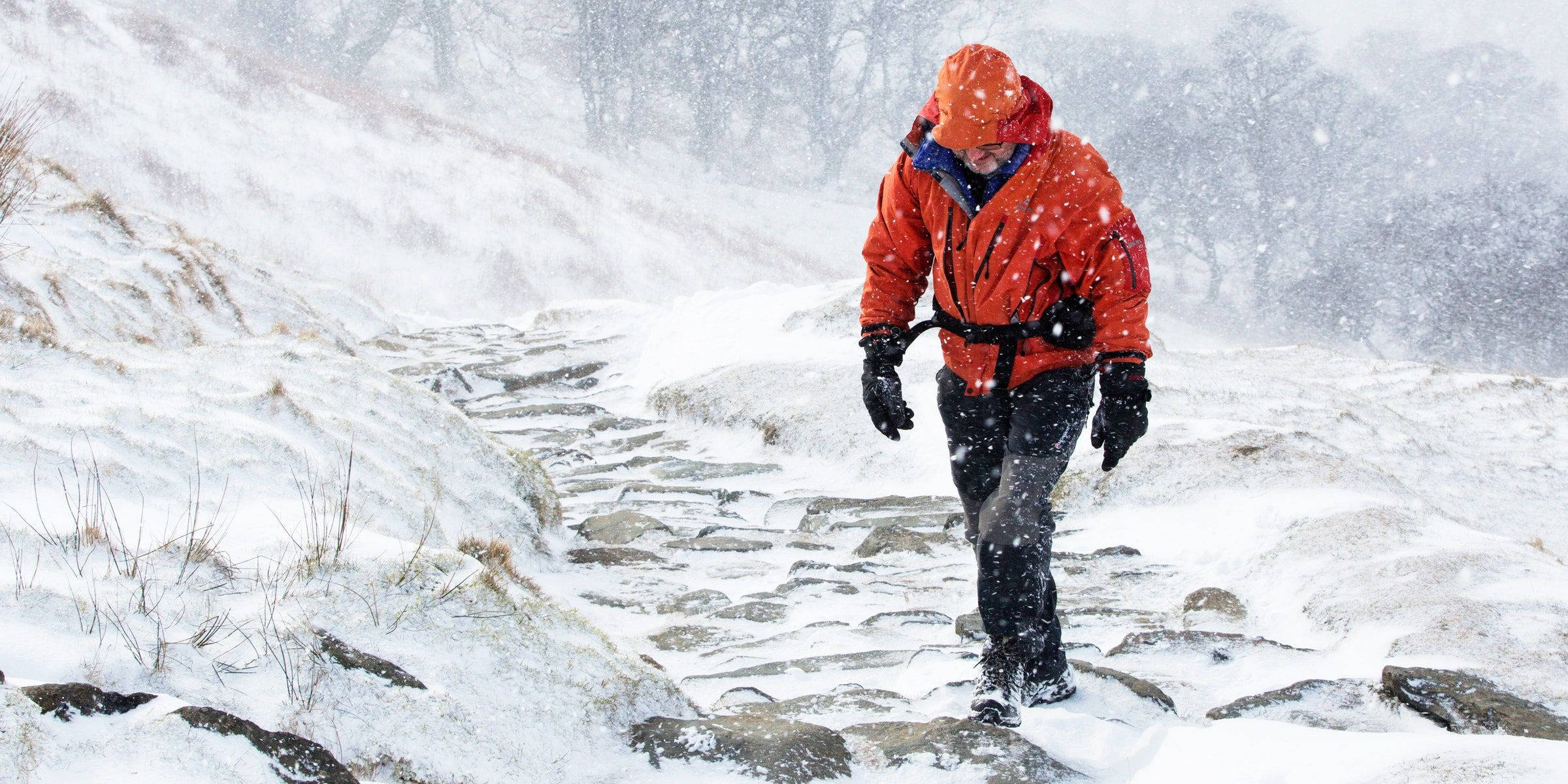 bright orange jacket, snowy mountain trail, snowflakes, Full HD Desktop Wallpaper