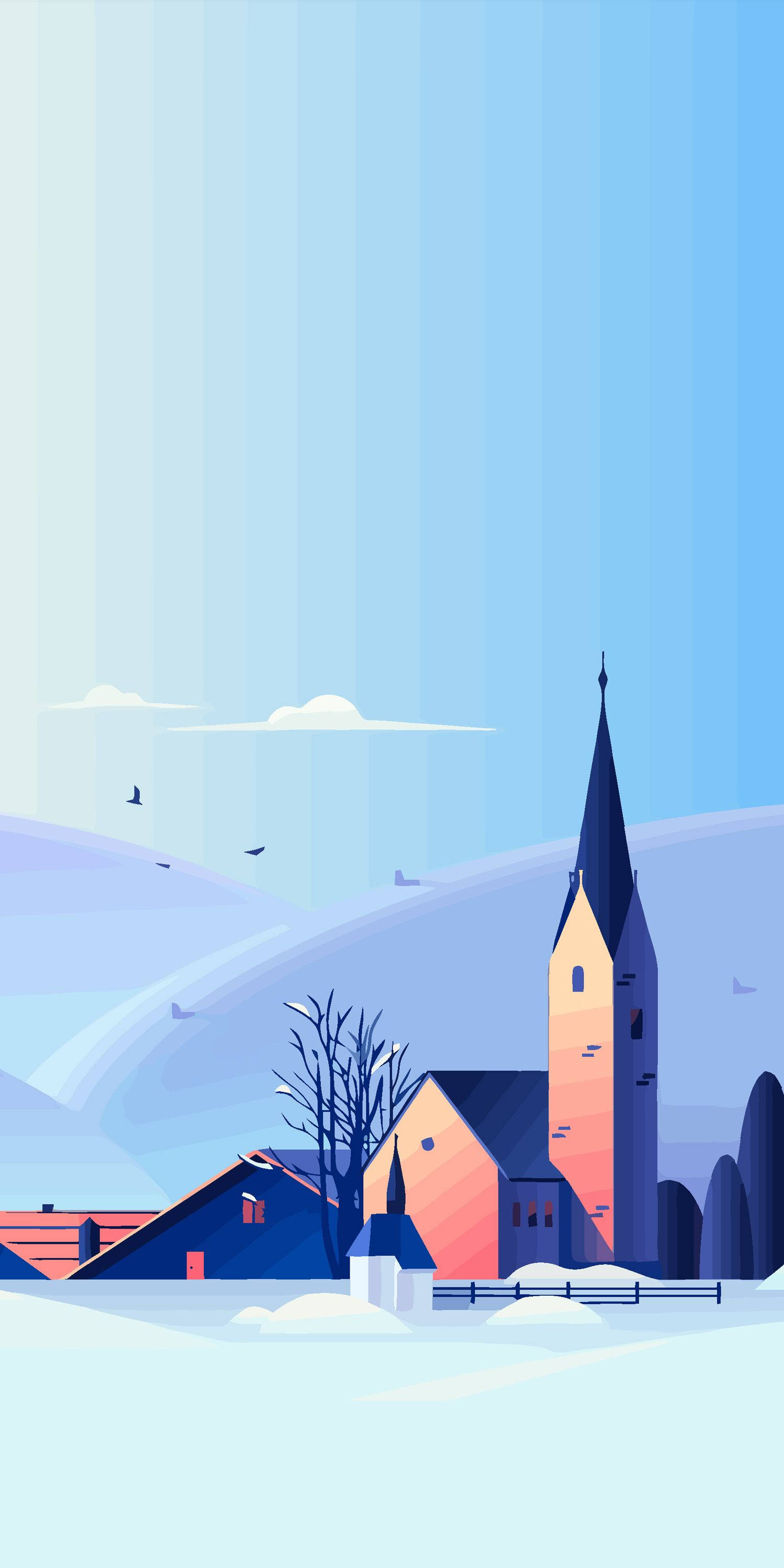snow-covered church, winter village, bare trees, 2K Phone Wallpaper