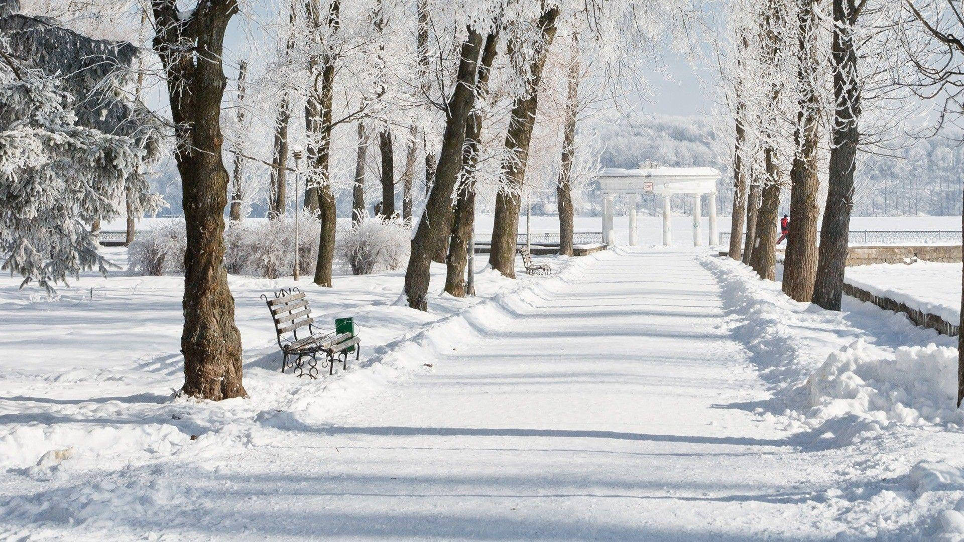 Winter Season, white marble gazebo, snow-covered park path, Full HD Desktop Wallpaper