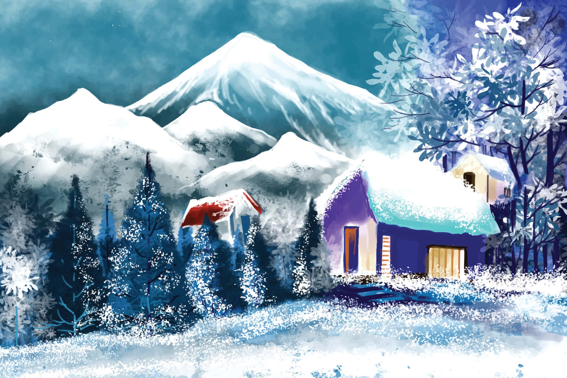 winter snow desktop, purple cabin, snowy woods, Full HD Desktop Wallpaper