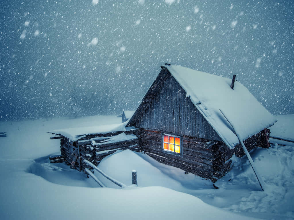 Winter Snow Desktop, wooden cabin, snow-covered, SD Desktop Wallpaper