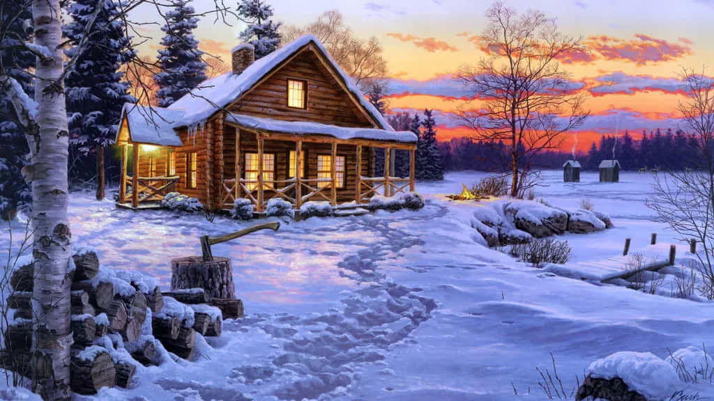 winter snow desktop, snow-covered log cabin, vibrant winter sunset, SD Desktop Wallpaper