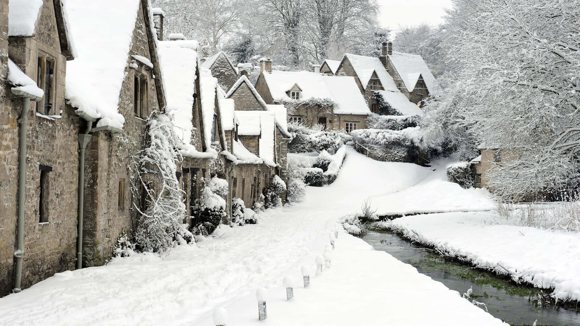 Winter Snow Desktop, snow, historic stone cottages, Full HD Desktop Wallpaper