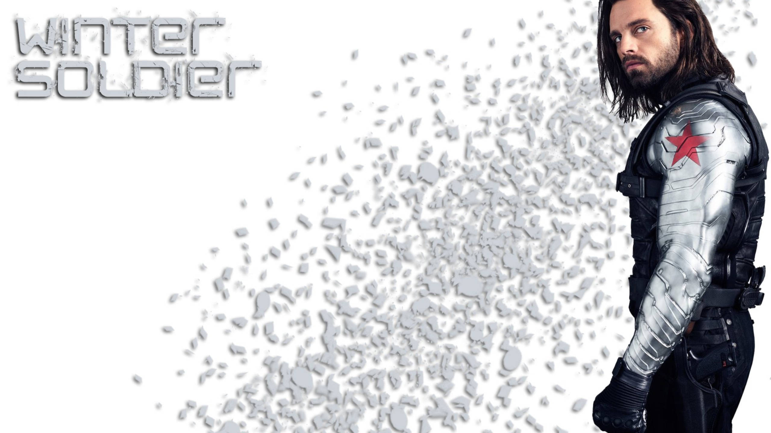 Winter Soldier, shattered ice fragments, white background, 2K Desktop Wallpaper