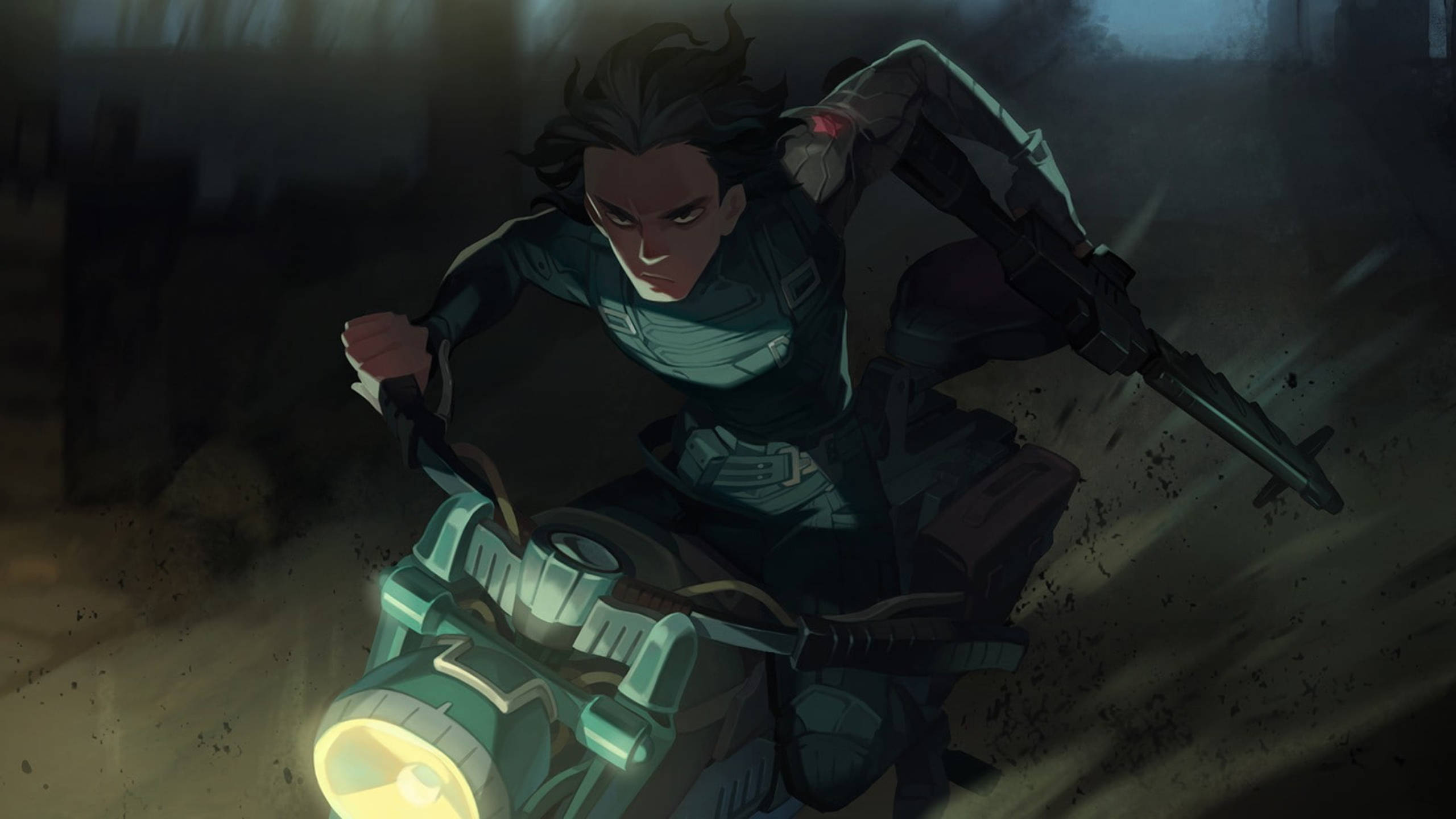 Winter Soldier, glowing futuristic motorcycle, gritty dark urban canyon, 2K Desktop Wallpaper