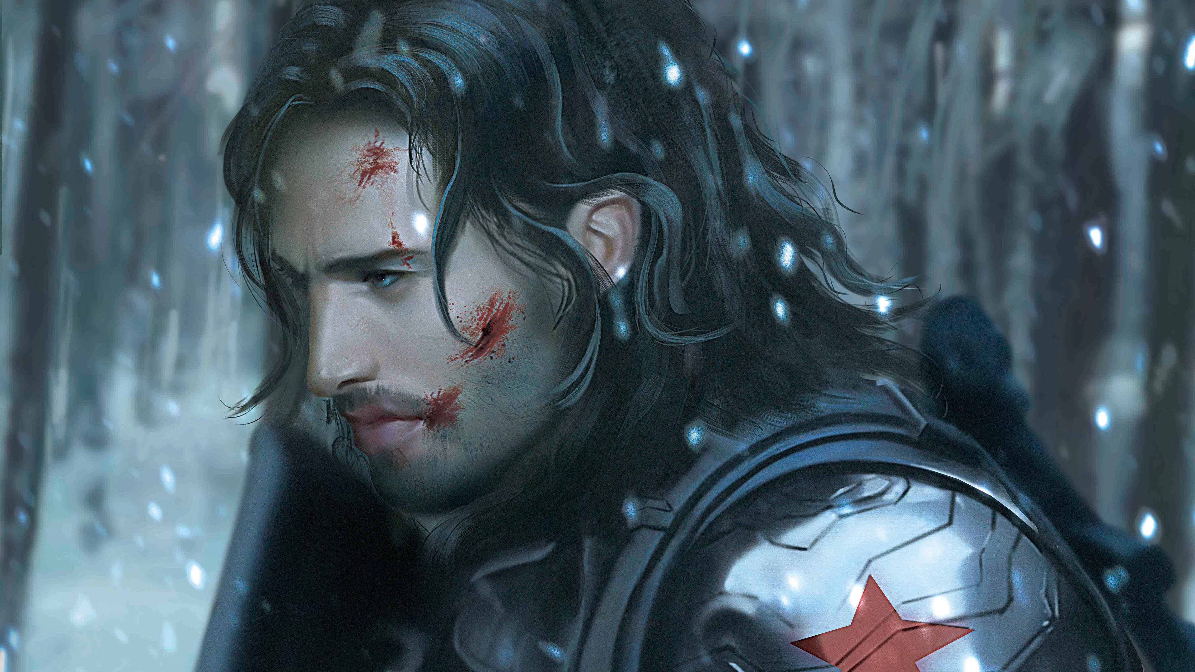 Winter Soldier, star-adorned armor, snowy forest, 4K Desktop Wallpaper
