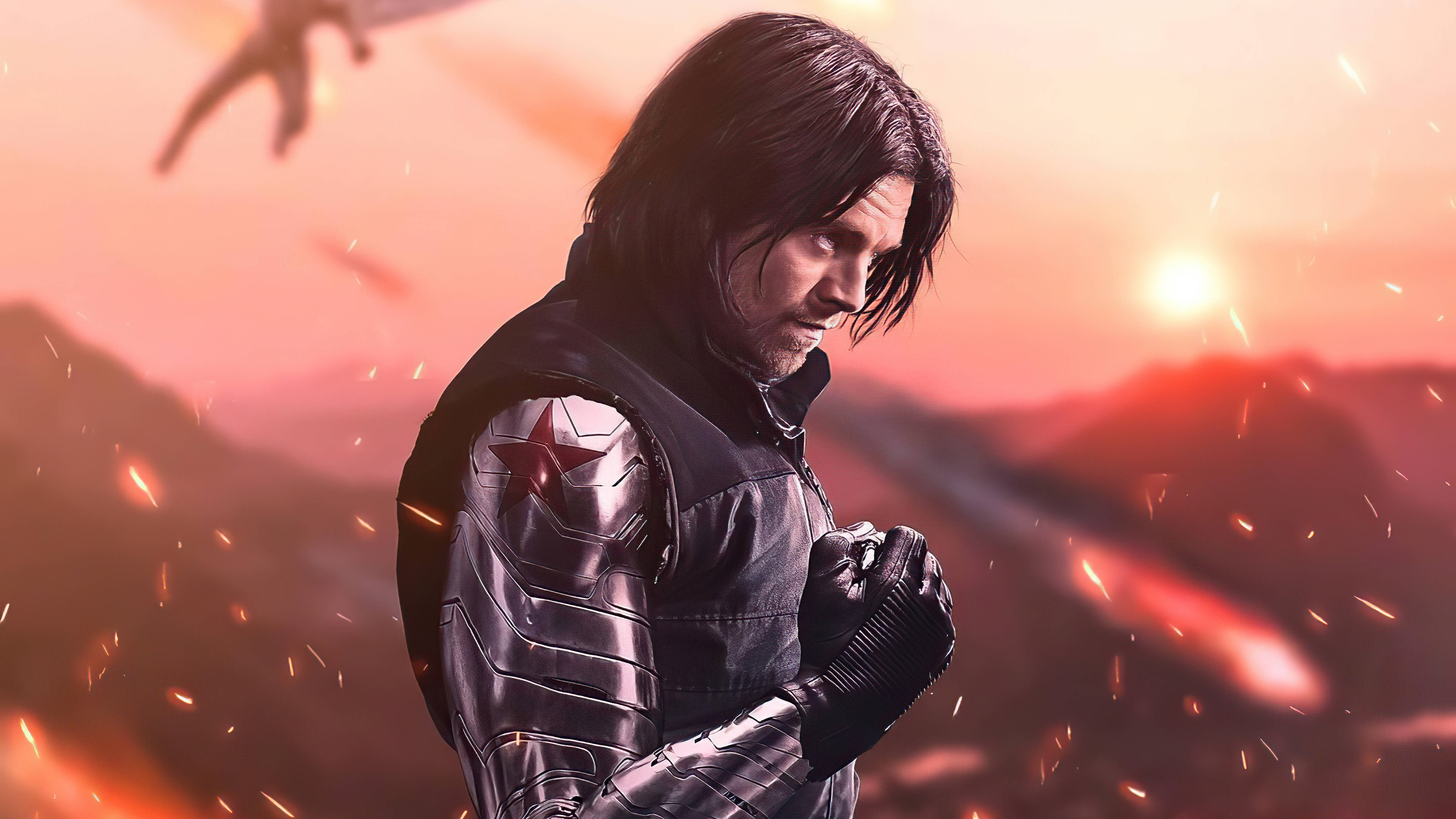 Winter Soldier, battlefield, fiery sunset, 5K Desktop Wallpaper