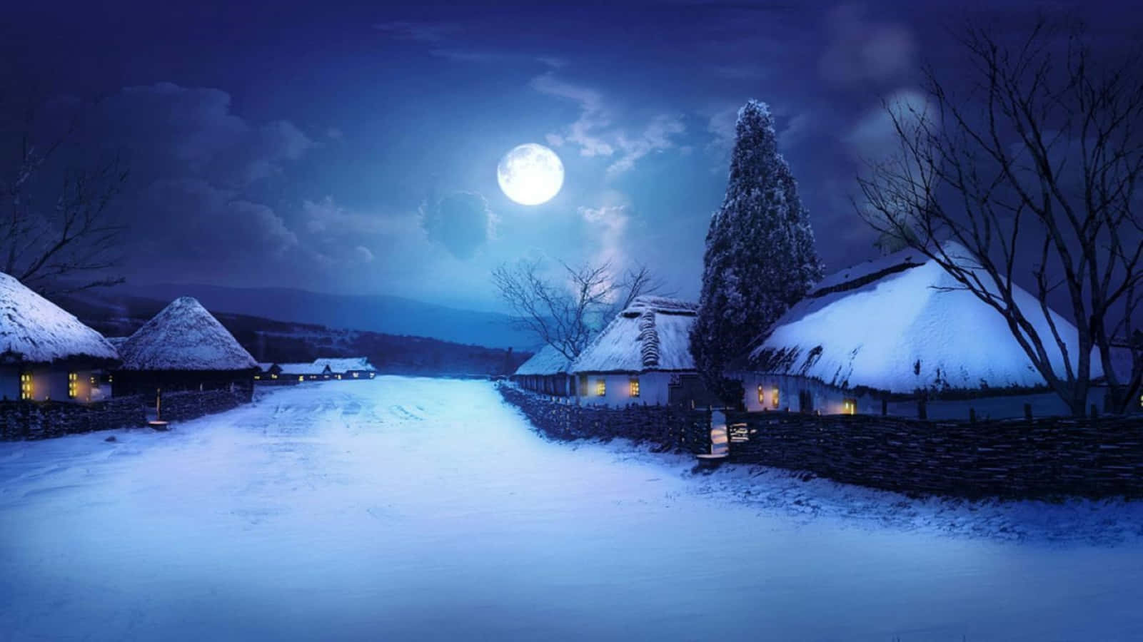 Winter Solstice, snowy village, full moon, HD Desktop Wallpaper
