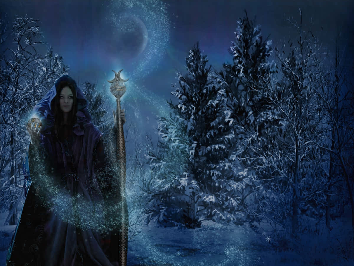 Winter Solstice, hooded witch, glowing staff, SD Desktop Wallpaper