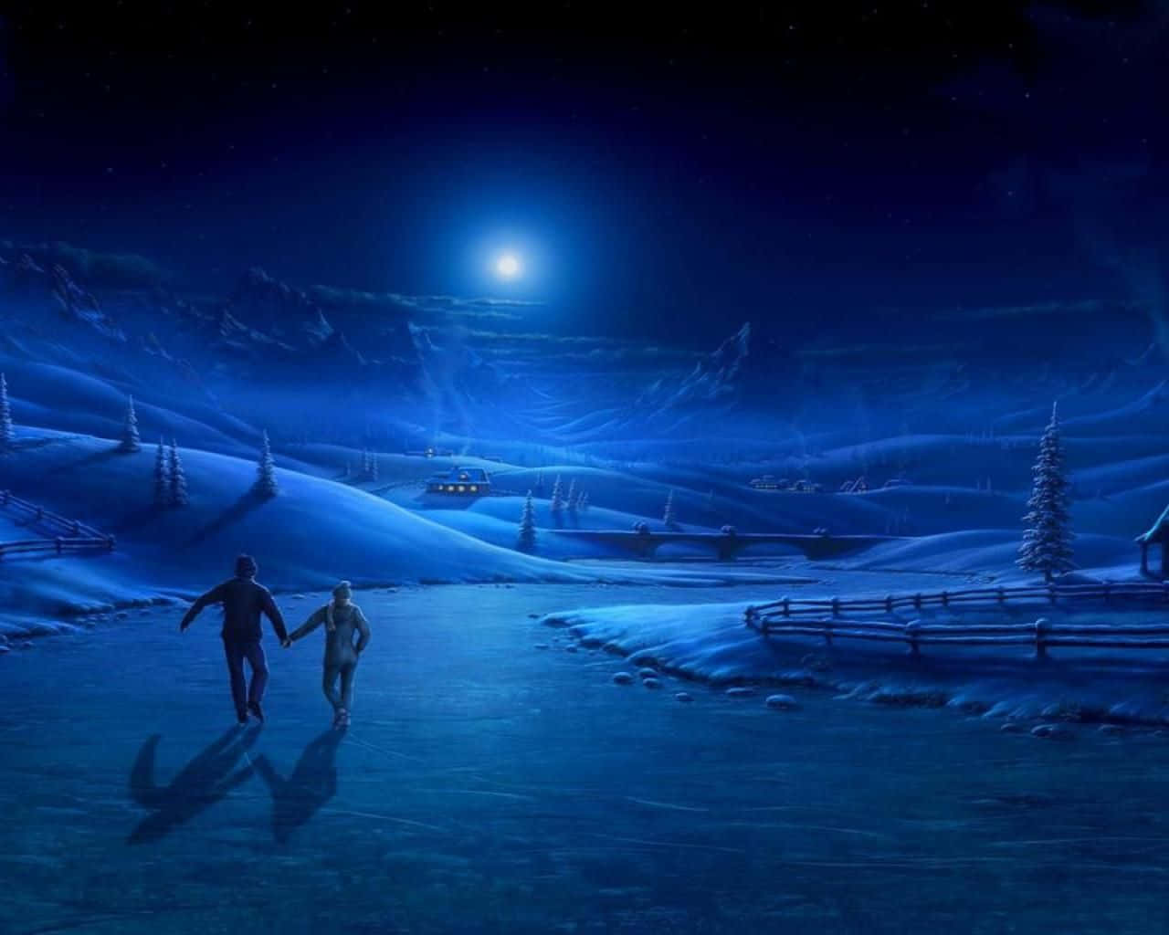 Winter Solstice, moonlit frozen lake, snowy mountain valley, HD Desktop Wallpaper