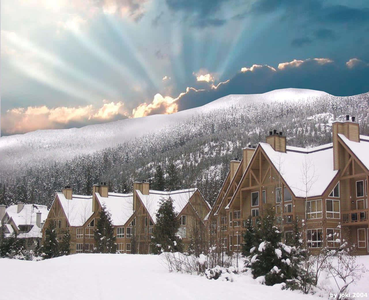 Winter Solstice, snowy mountain chalets, golden sunbeams, HD Desktop Wallpaper
