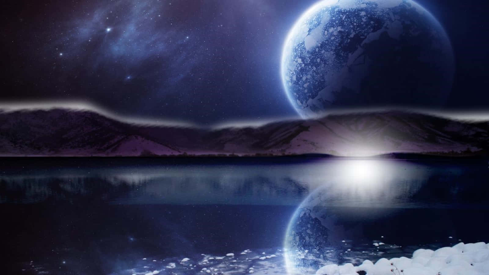 Winter Solstice, alien lake, giant blue planet, HD Desktop Wallpaper