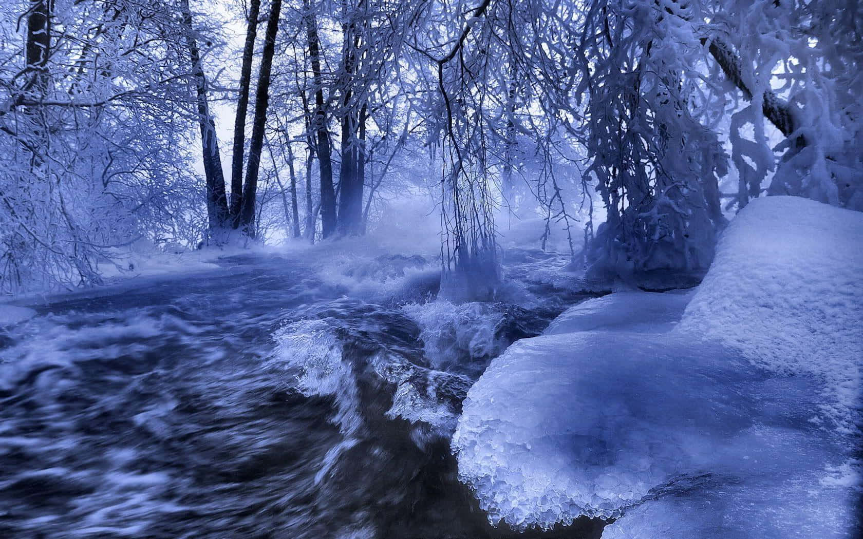 Winter Solstice, icy stream, snow-laden forest, HD Desktop Wallpaper