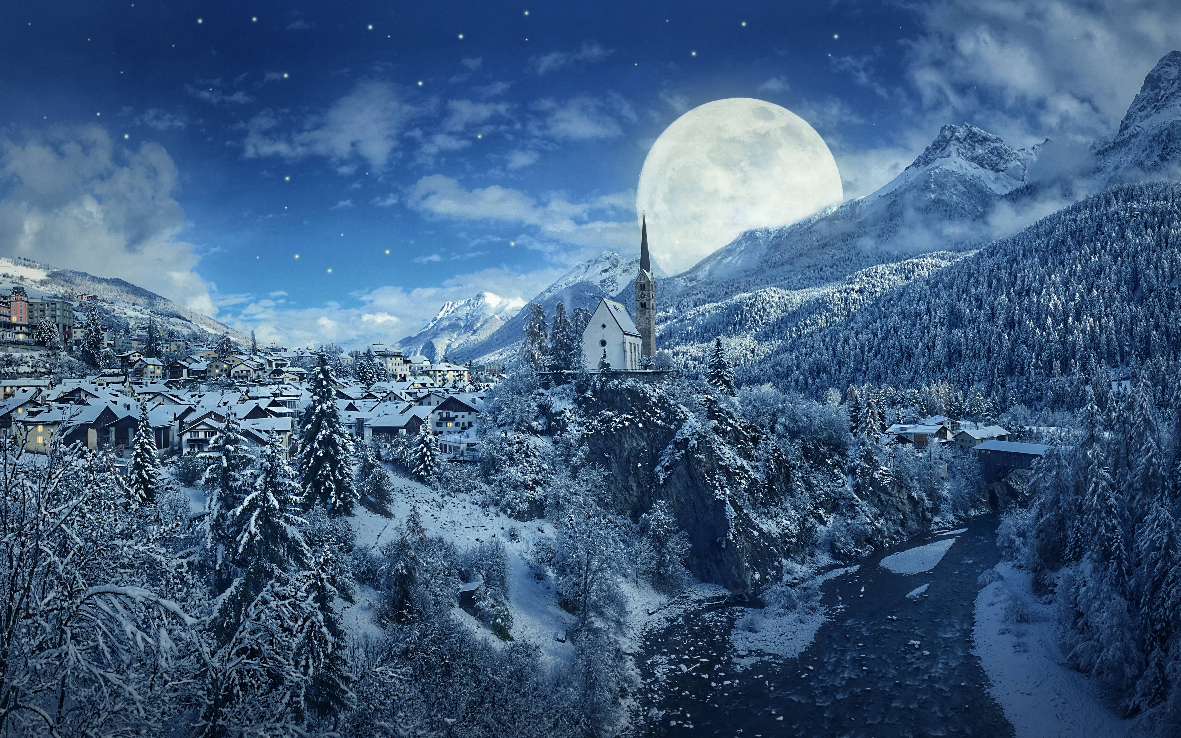 Winter Season Full Moon, snow-covered mountain village, giant moon, 4K Desktop Wallpaper