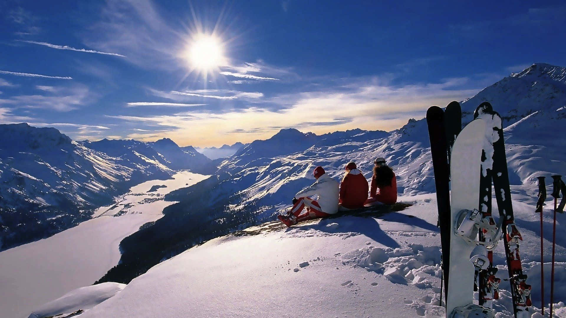 Winter Sports, red jackets, snowy mountain ridge, Full HD Desktop Wallpaper