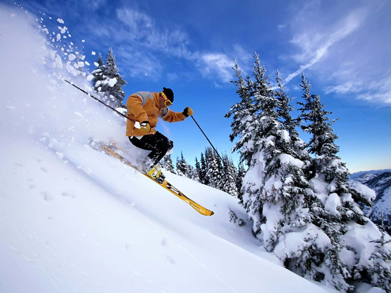 skier, bright orange jacket, fresh powder snow, HD Desktop Wallpaper