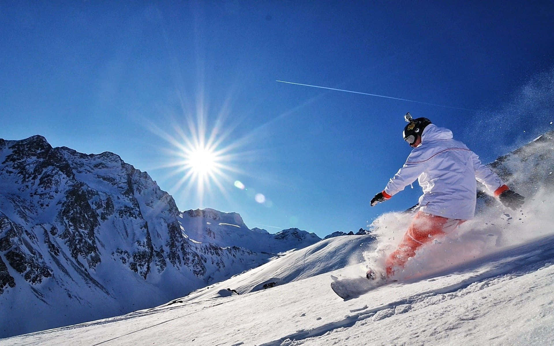 snowboarder, fresh powder, sunlit mountain slope, Full HD Desktop Wallpaper