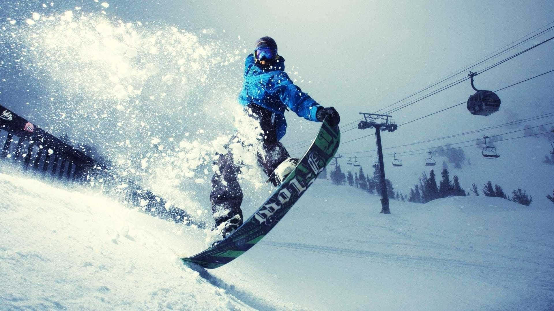 snowboarder, blue jacket, fresh powder, Full HD Desktop Wallpaper