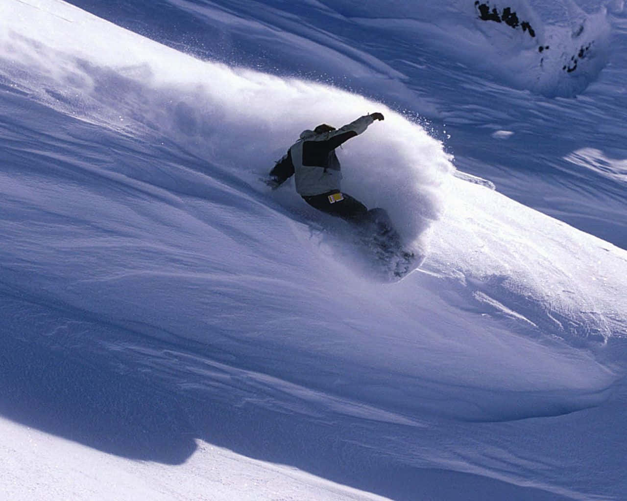 snowboarder, deep powder snow, sunlit mountain slope, HD Desktop Wallpaper
