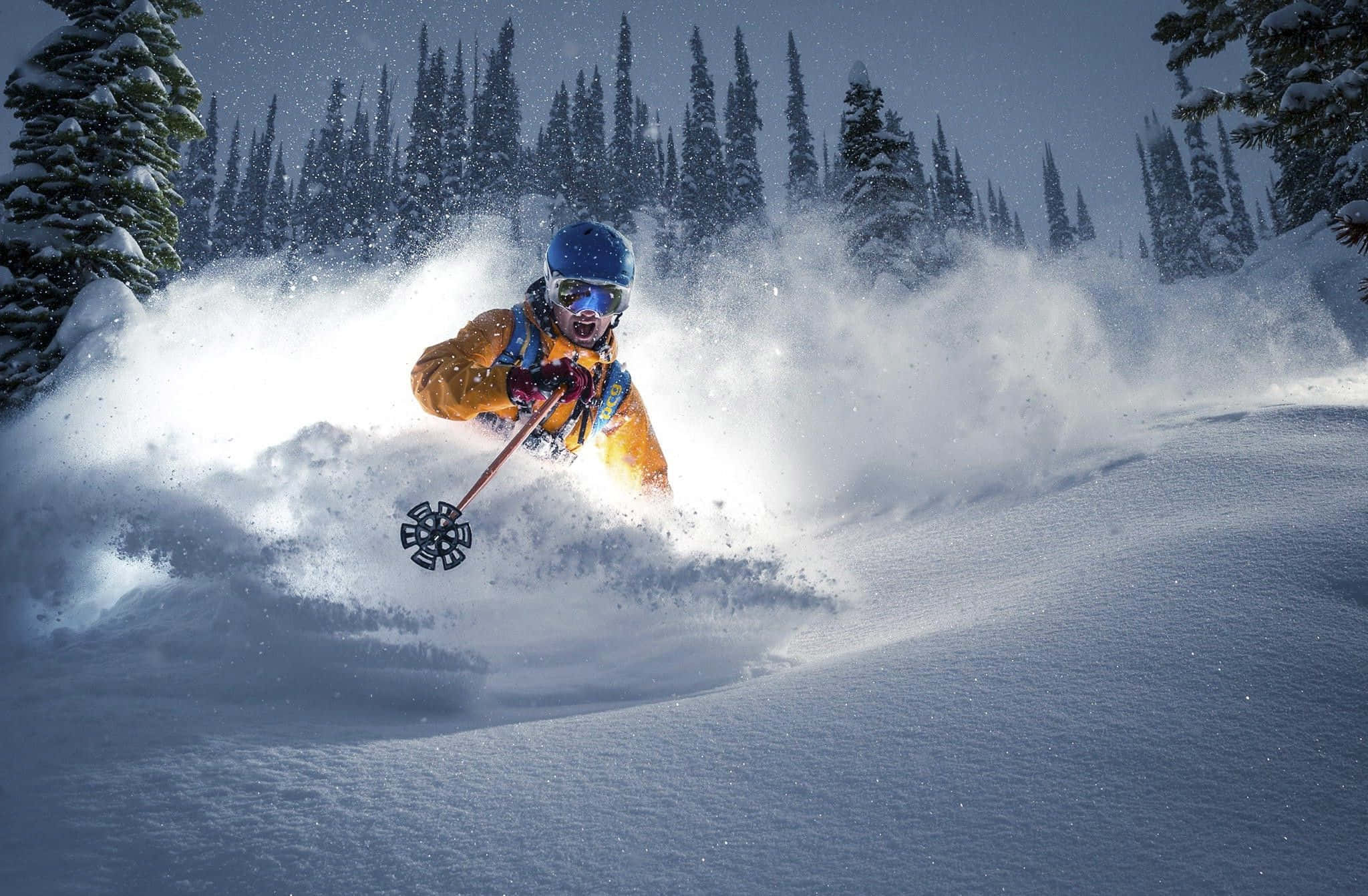 Winter Sports, bright orange jacket, fresh powder snow, Full HD Desktop Wallpaper