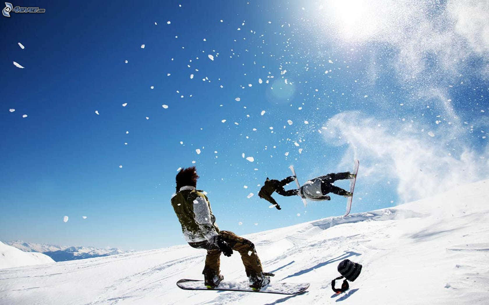 snowboarder, sunny snowy mountain slope, mid-air performing a trick, HD Desktop Wallpaper