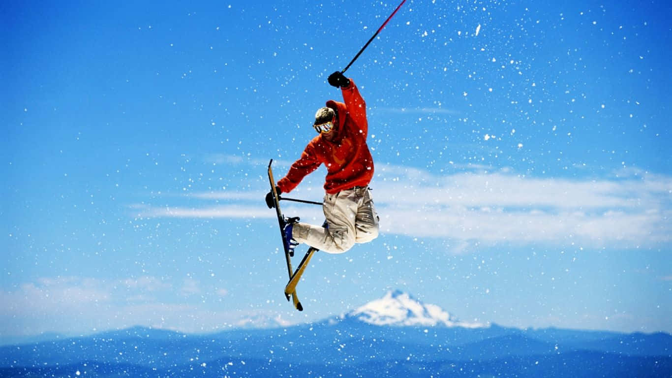 red jacket, snowy air, bright blue sky, HD Desktop Wallpaper