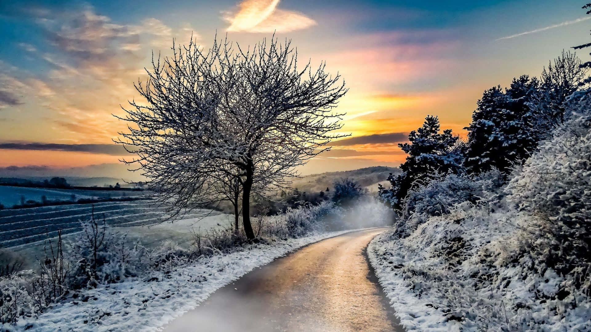 Winter Sun, snow-covered landscape, winding snowy road, Full HD Desktop Wallpaper