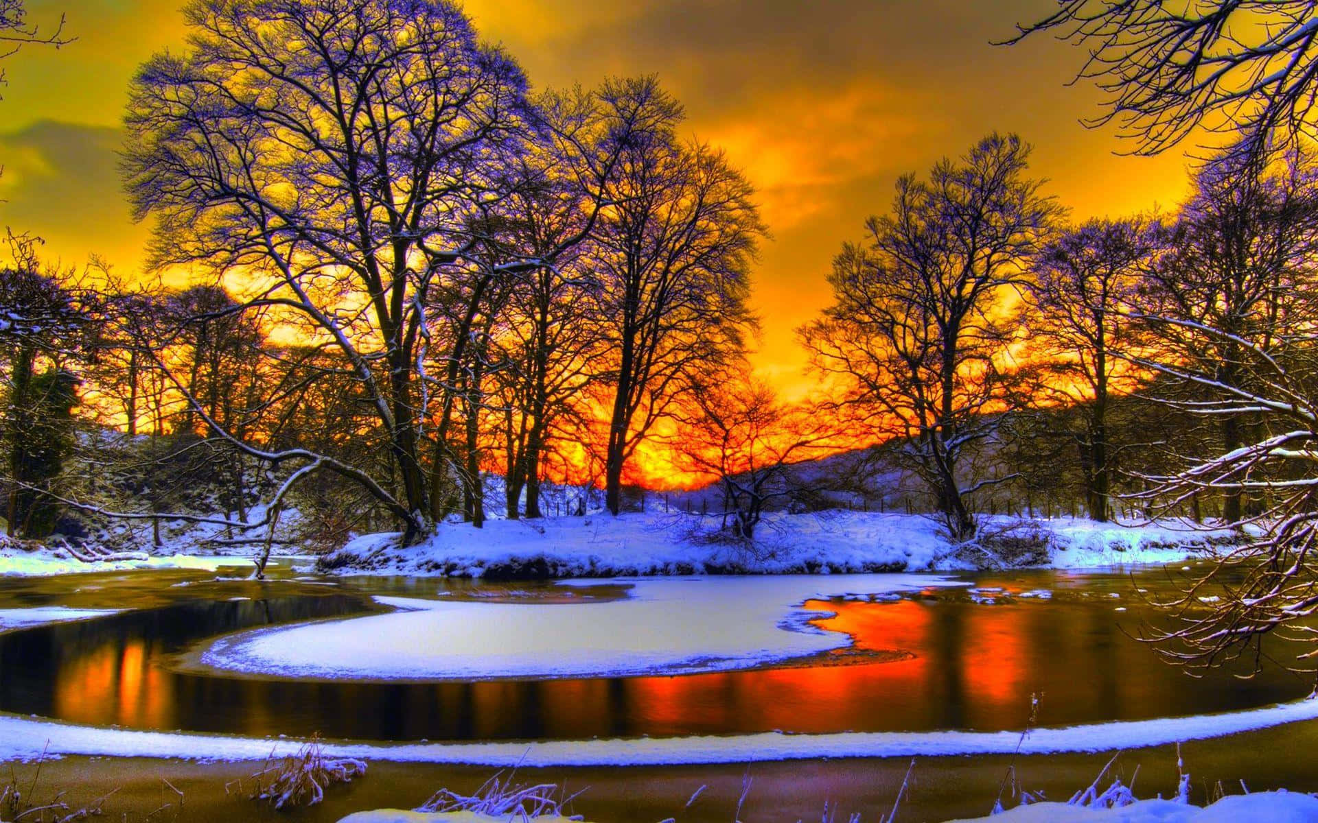Winter Sun, snowy landscape, frozen river, Full HD Desktop Wallpaper