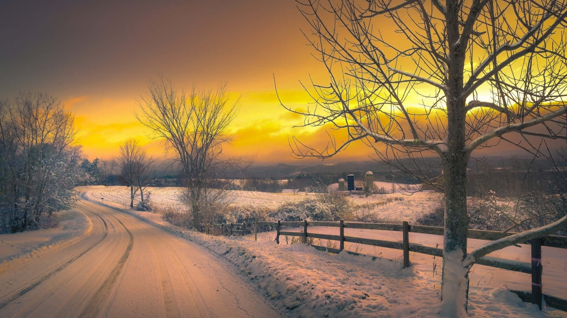 Winter Sun, snow-covered road, frosty winter landscape, Full HD Desktop Wallpaper