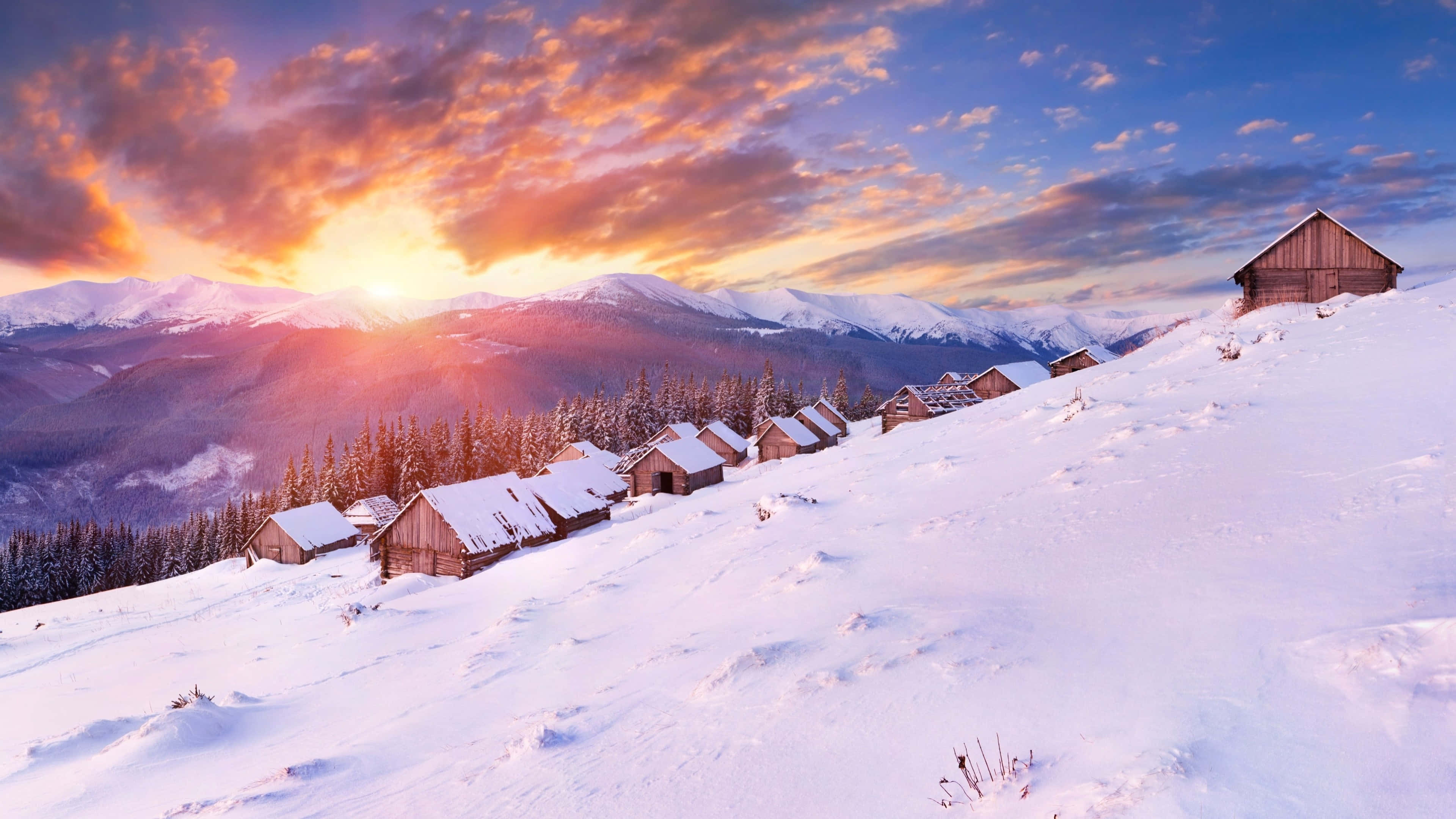 Winter Sun, snowy mountain cabins, vibrant sunset, 4K Desktop Wallpaper