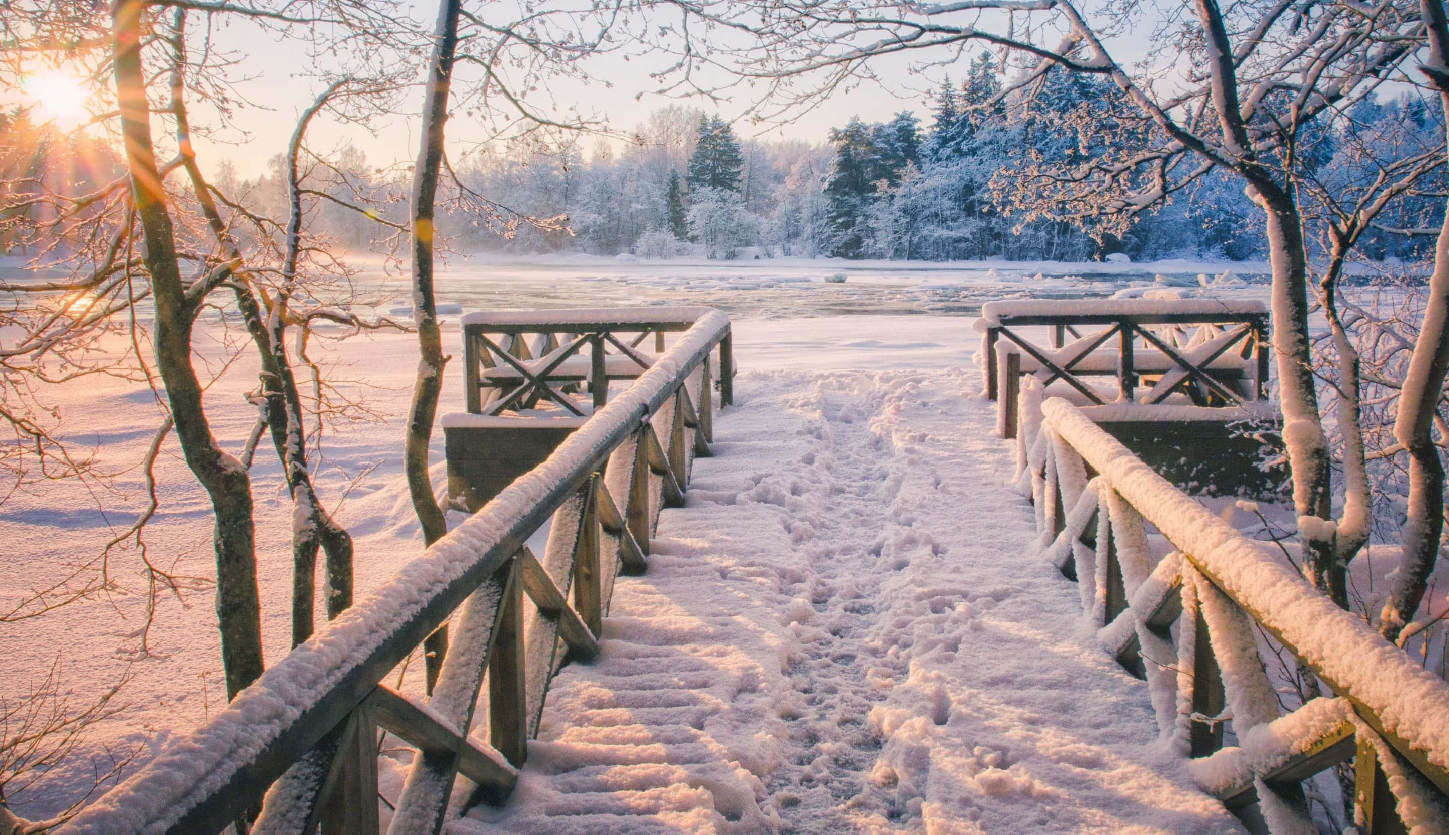Winter Sun, snow-covered wooden bridge, frozen river, 2K Desktop Wallpaper