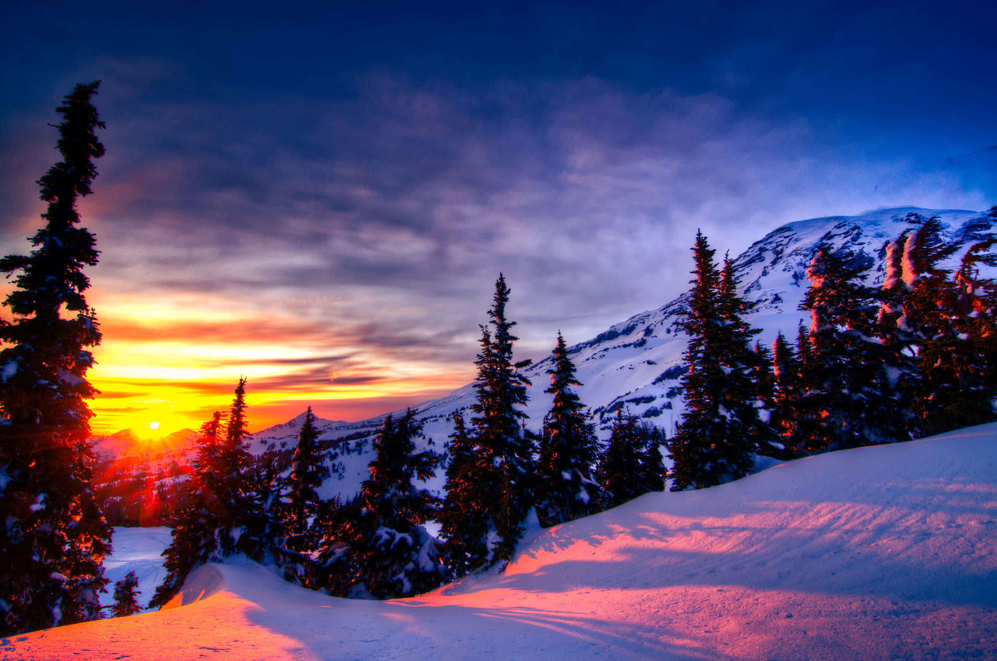 Winter Sun, sunset, snowy mountains, Full HD Desktop Wallpaper