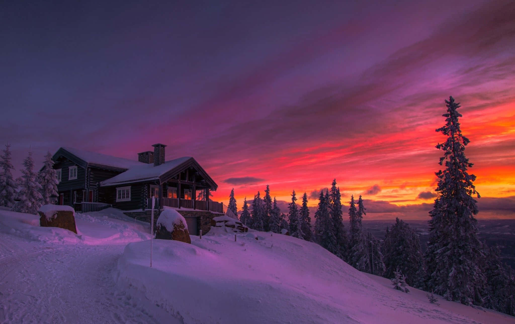 Winter Sunset, 2048 x 1290, snow-covered cabin, Full HD Desktop Wallpaper