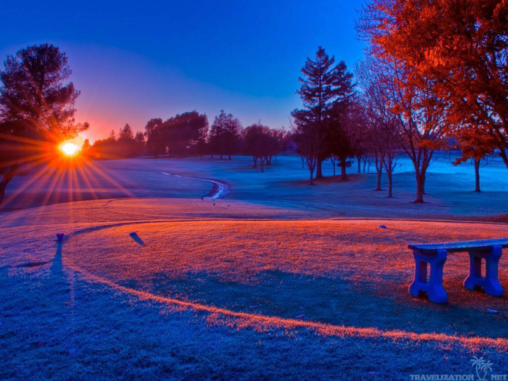 Winter Scene Sunset, frosty golf course, fiery orange, SD Desktop Wallpaper