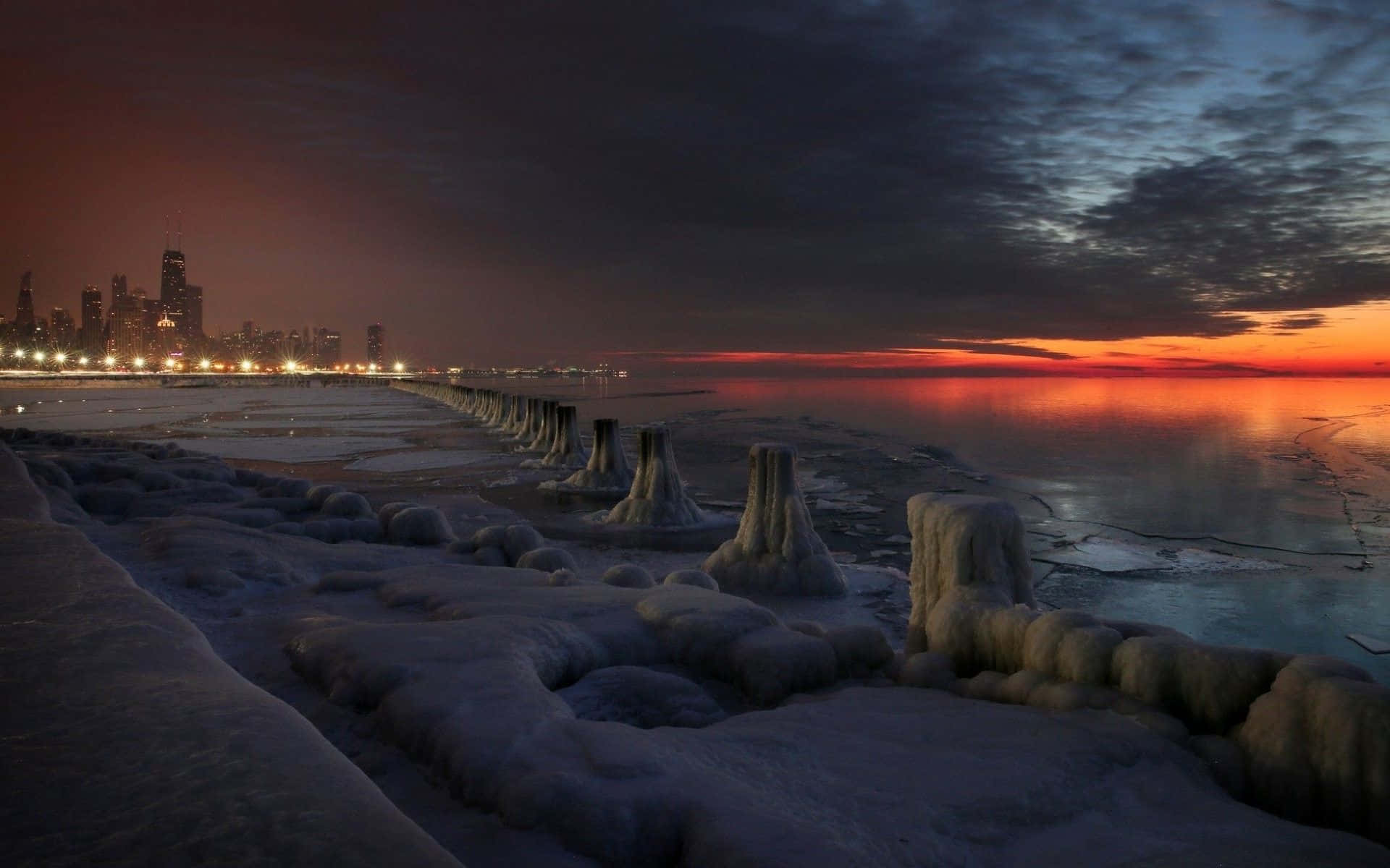 Winter Sunset, fiery sunset sky, city skyline, Full HD Desktop Wallpaper