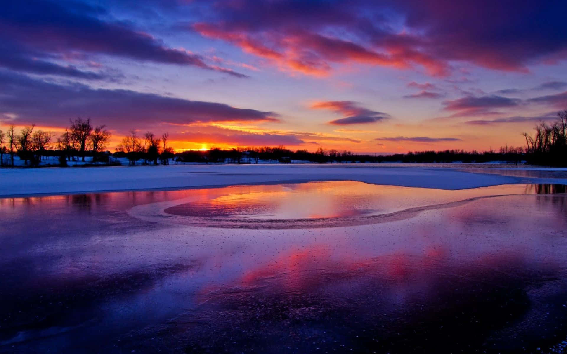 Winter Sunset, sunset, frozen lake, Full HD Desktop Wallpaper