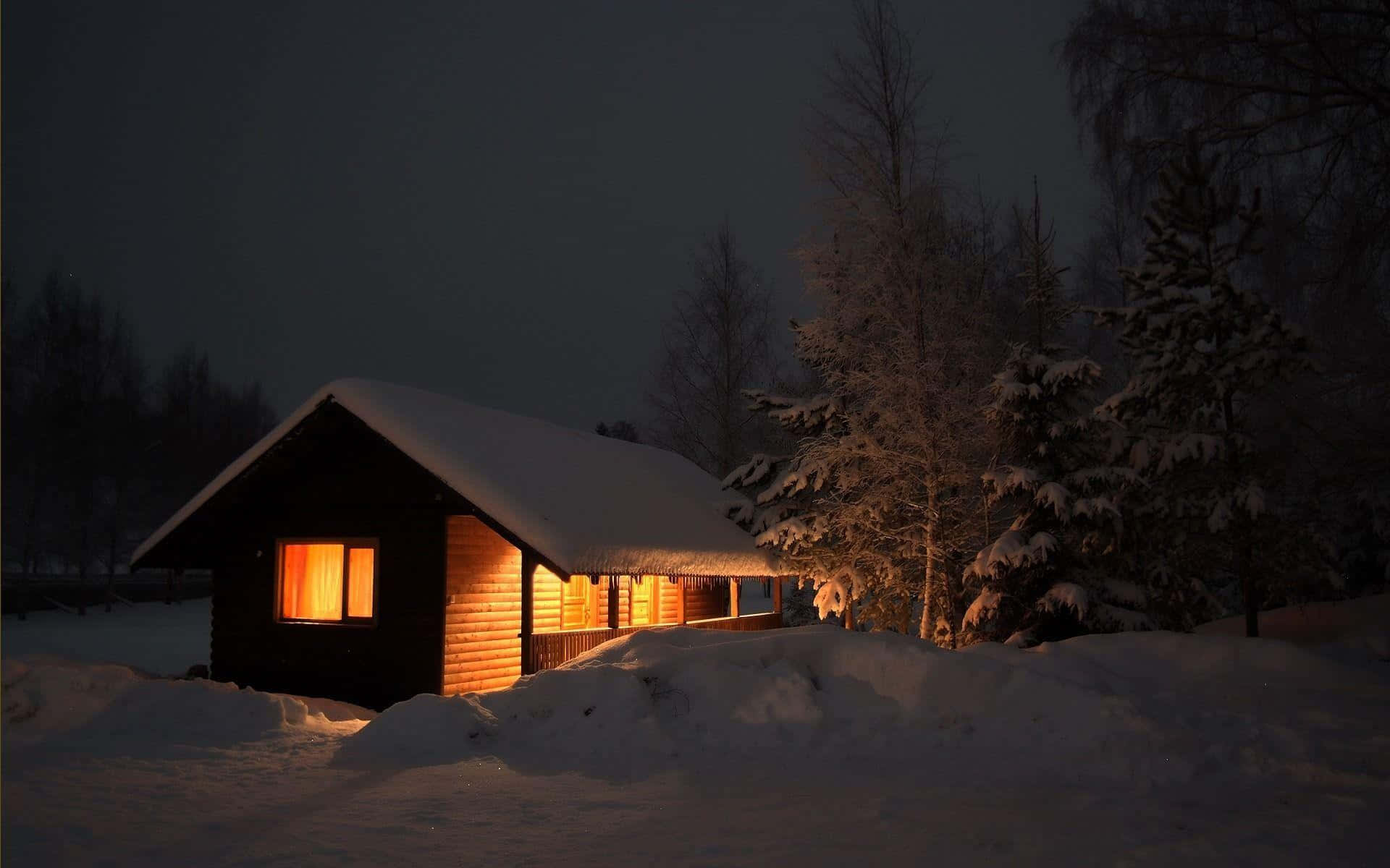 winter night, wooden cabin, snowy woods, Full HD Desktop Wallpaper