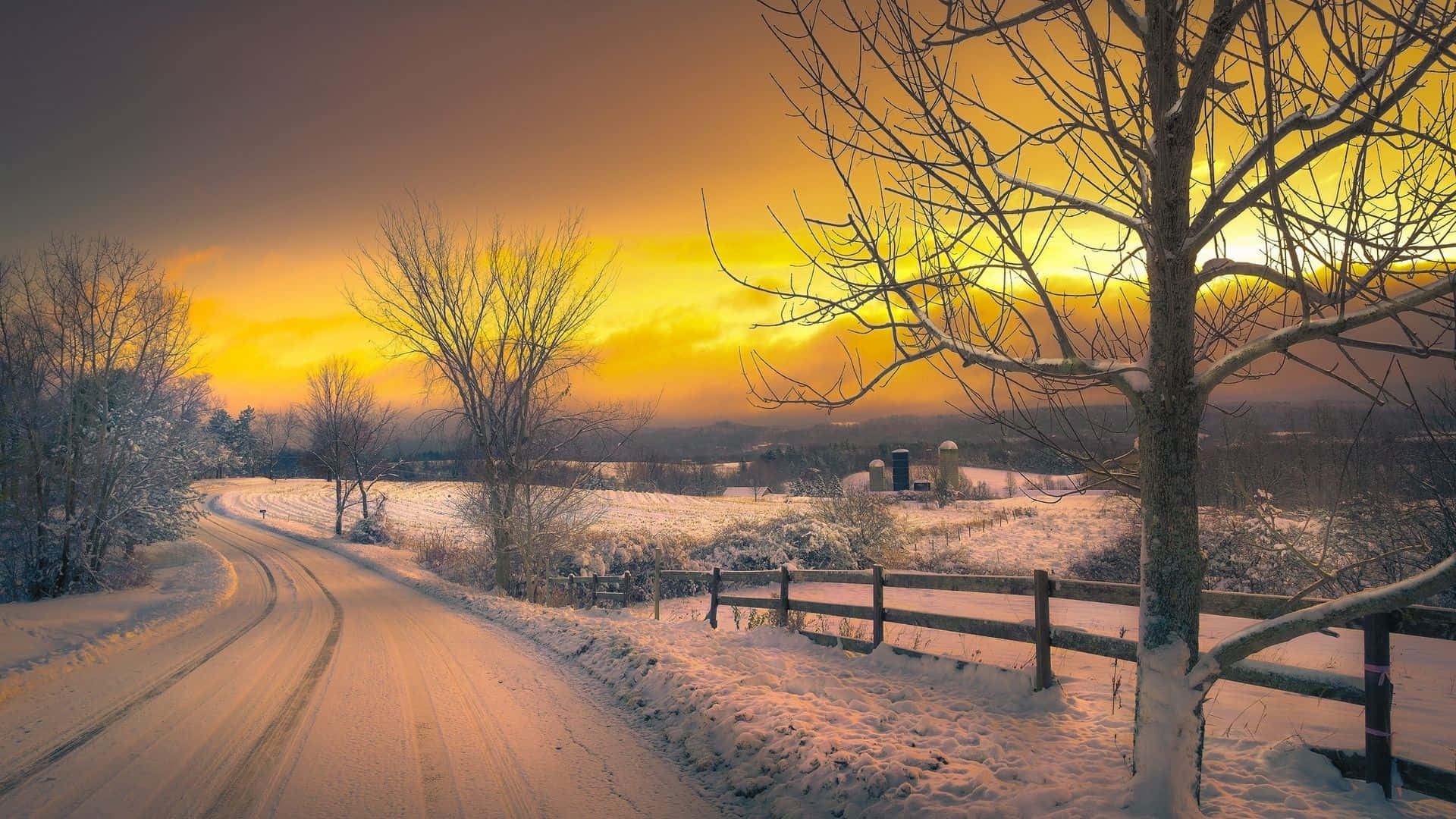 Winter Sunset, snow-covered road, frosty winter landscape, Full HD Desktop Wallpaper