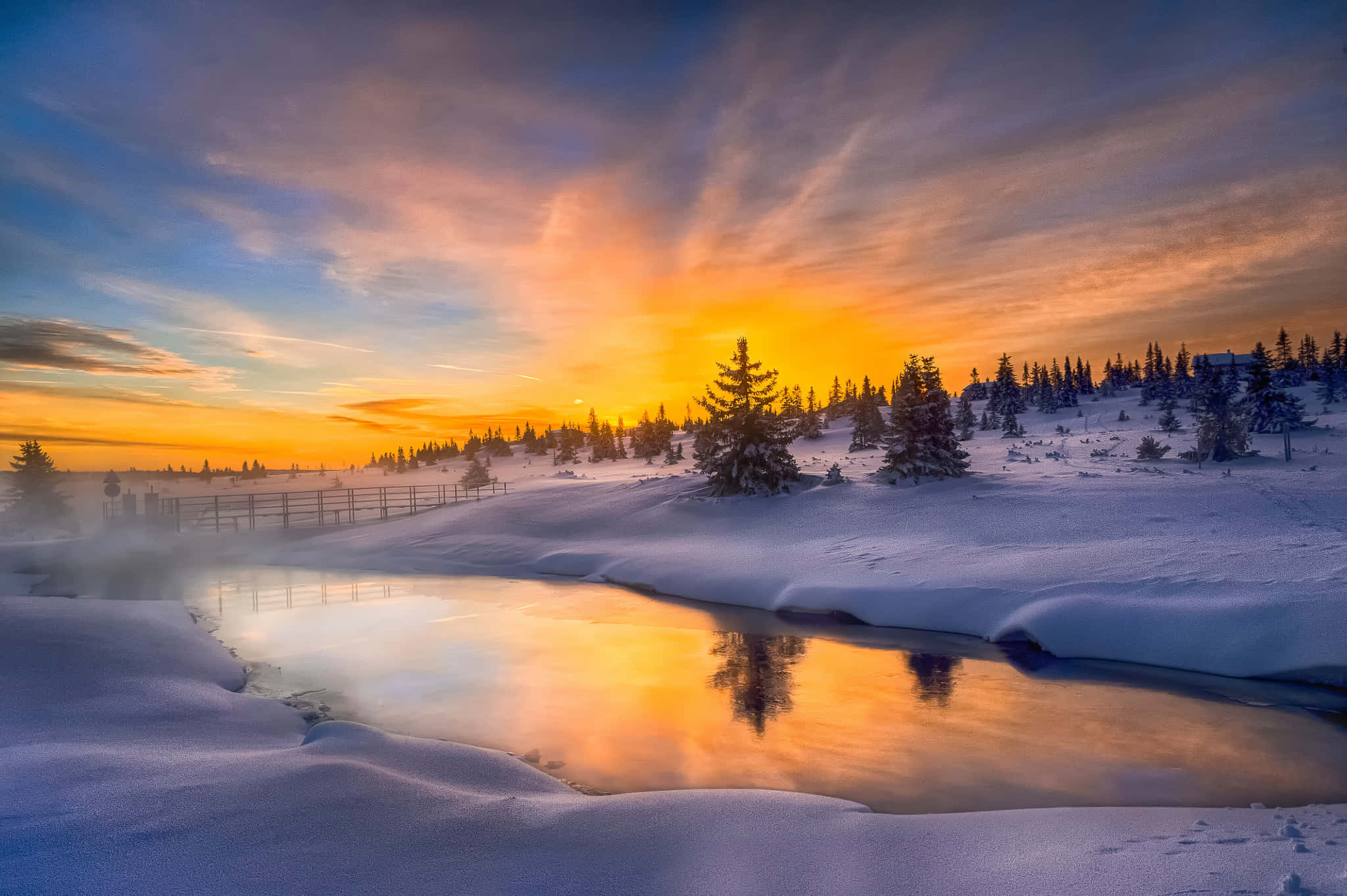 Winter Sunset, snowy winter sunrise, warm golden light, Full HD Desktop Wallpaper