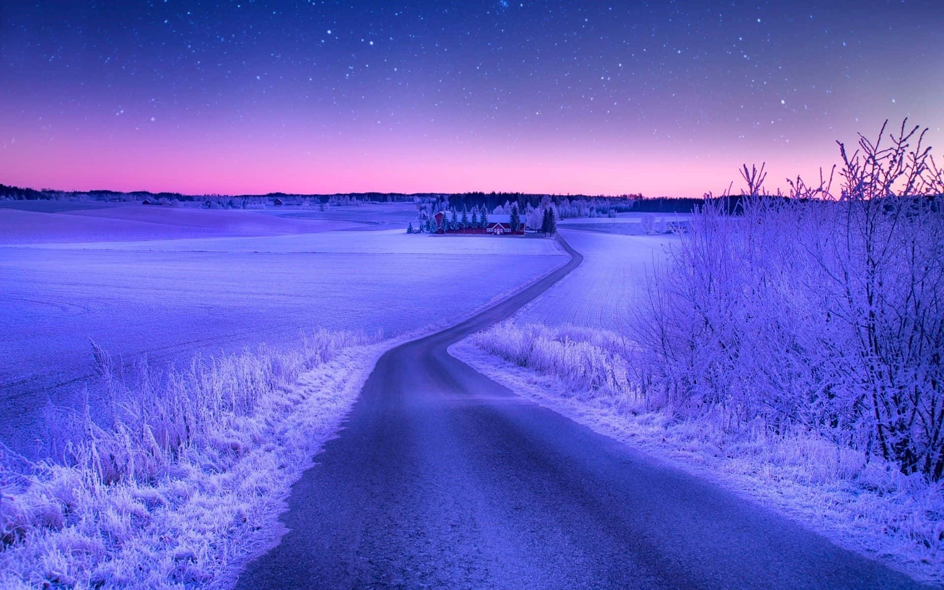 Winter Sunset, frosty winter field, winding road, Full HD Desktop Wallpaper
