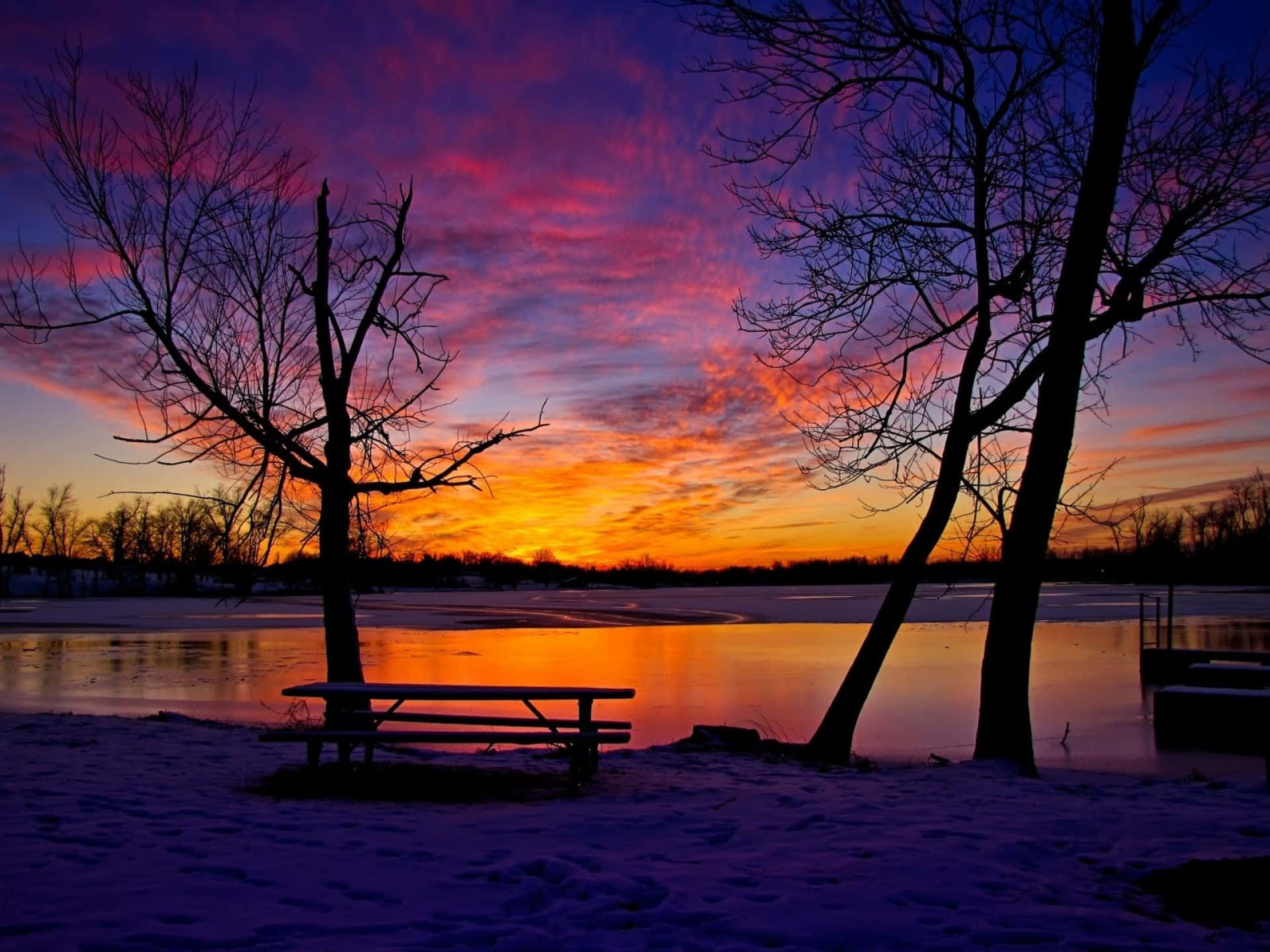 Winter Sunset, frozen lake, sunset, Full HD Desktop Wallpaper