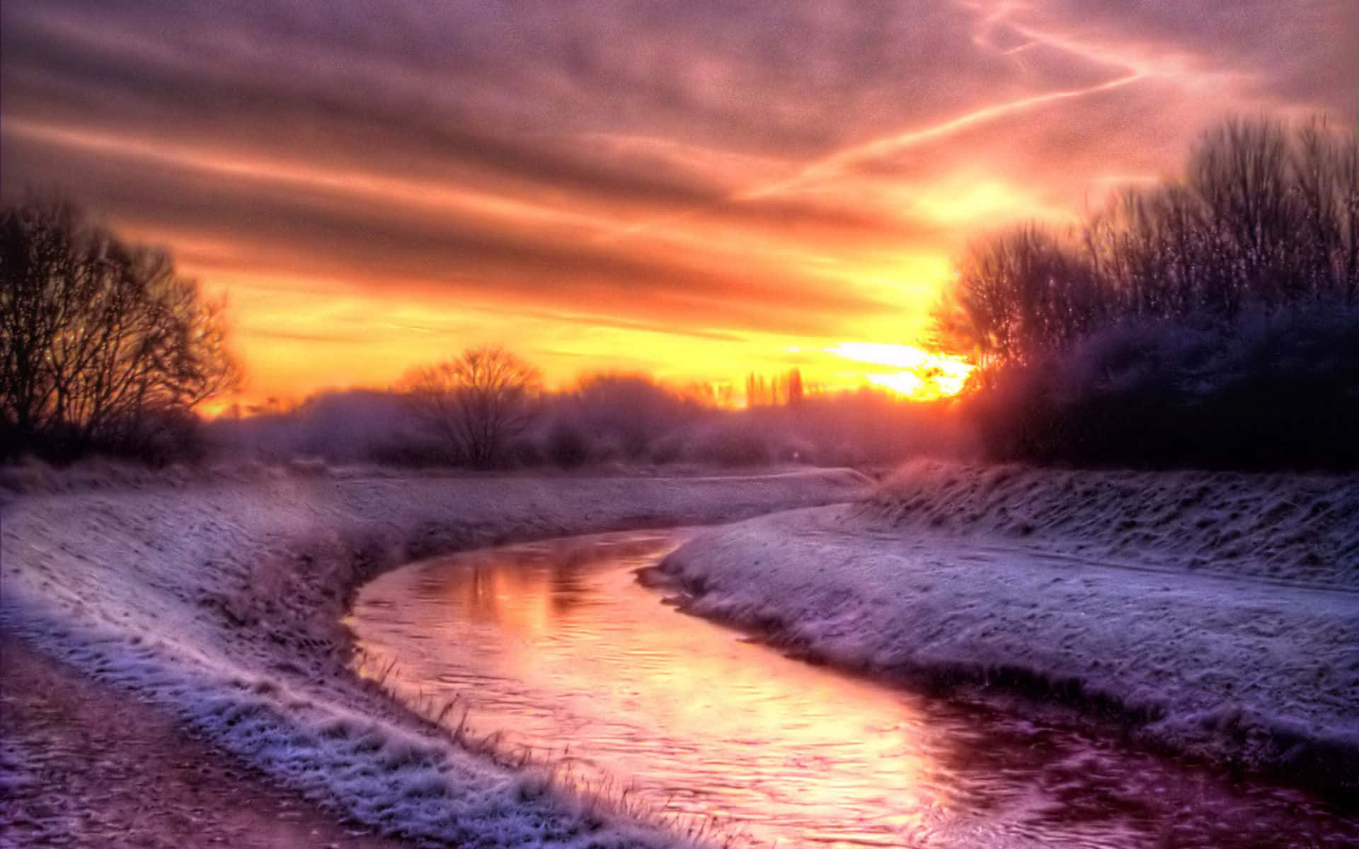 Winter Sunset, snowy landscape, frozen river, Full HD Desktop Wallpaper