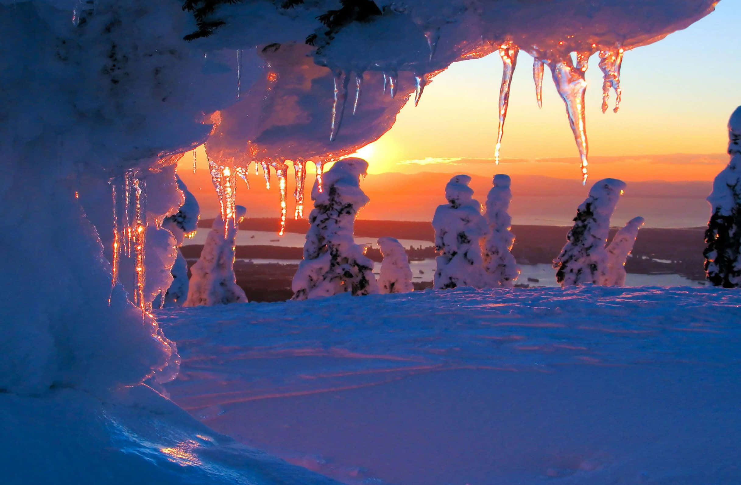 Winter Sunset, Sunset, icy overhang, Full HD Desktop Wallpaper