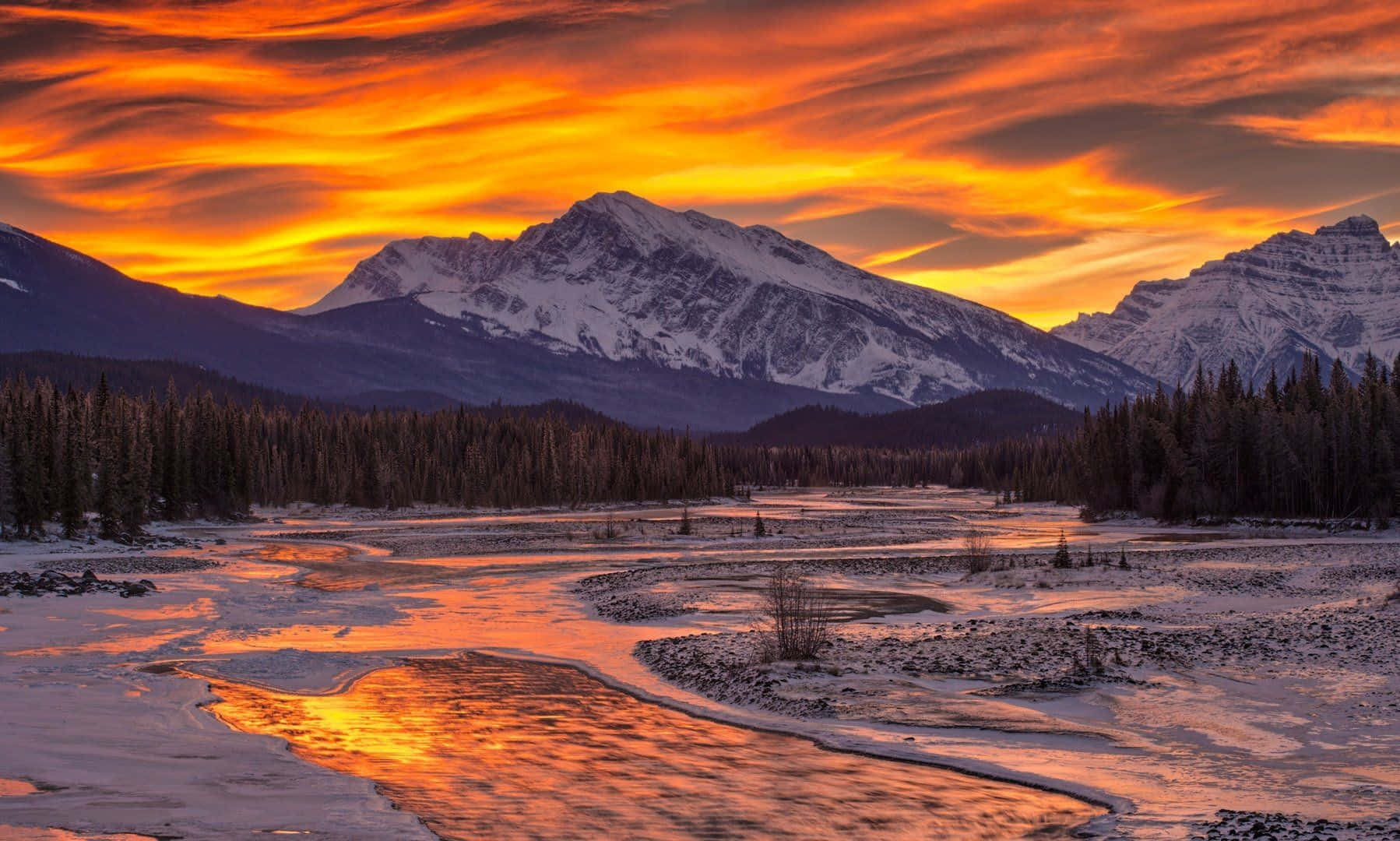 Winter Sunset, snowcapped mountain range, fiery orange sunset light, HD Desktop Wallpaper