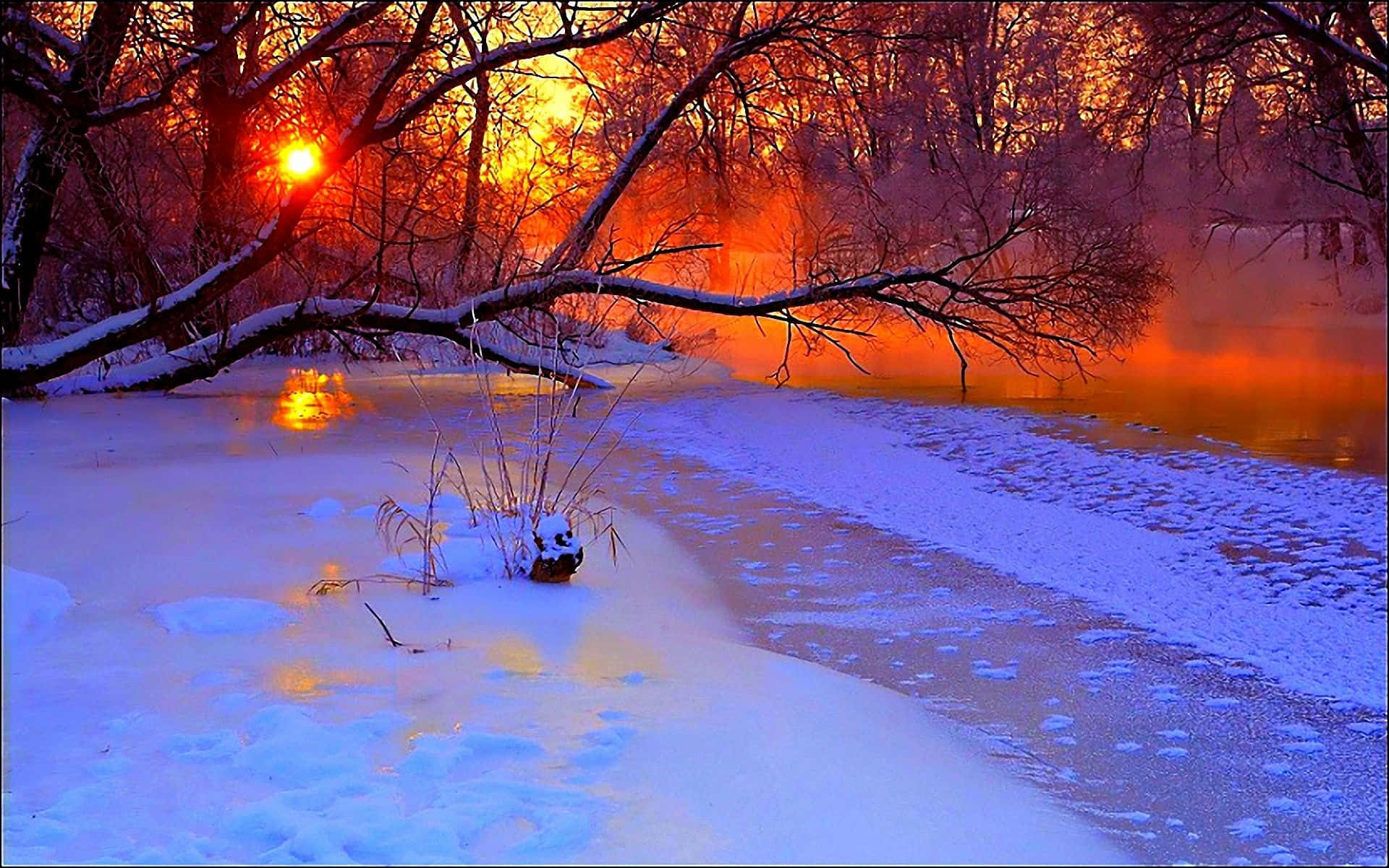 Winter Sunset, snowy landscape, frozen river, Full HD Desktop Wallpaper
